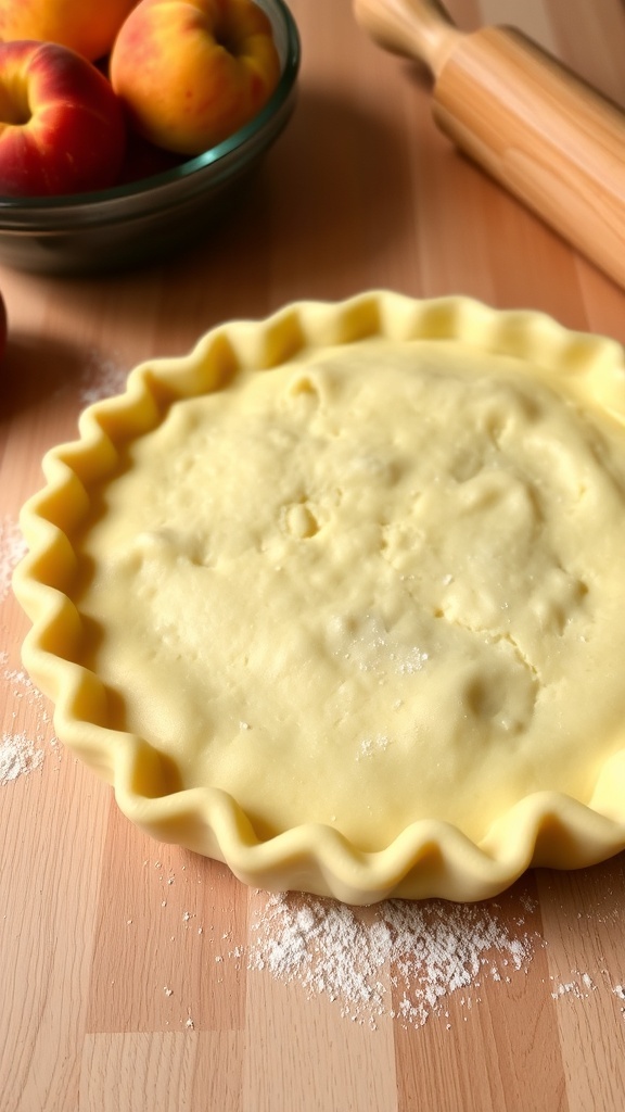 A golden flaky pie crust on a wooden countertop, ready for peach cobbler.